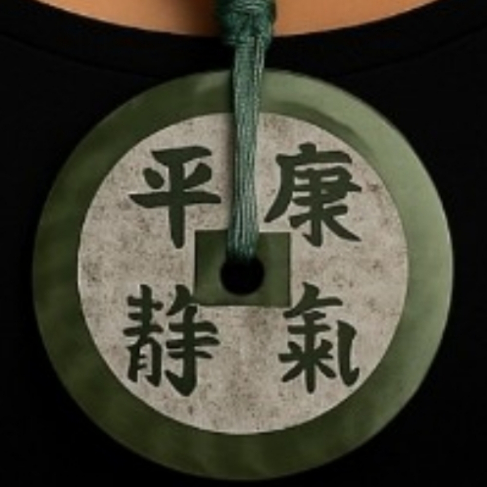 VINTAGE GREEN JADE DISC  PENDANT NECKLACE HAND-CARVED SYMBOLS HAND-KNOTTED CORD